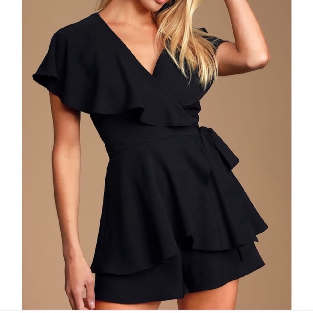 Black Ruffle Wrap Romper lulus